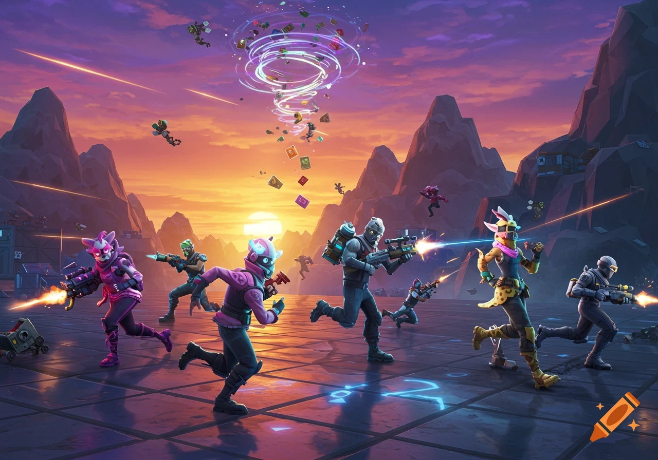 Stylized Fortnite-like characters battling in a vibrant, futuristic landscape at sunset with a swirling vortex.