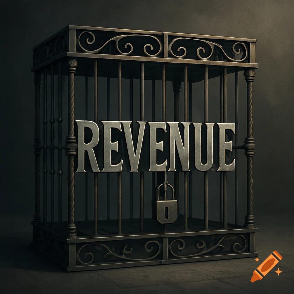 The word 'REVENUE' rendered in metallic letters inside a dark, ornate metal cage with a padlock.