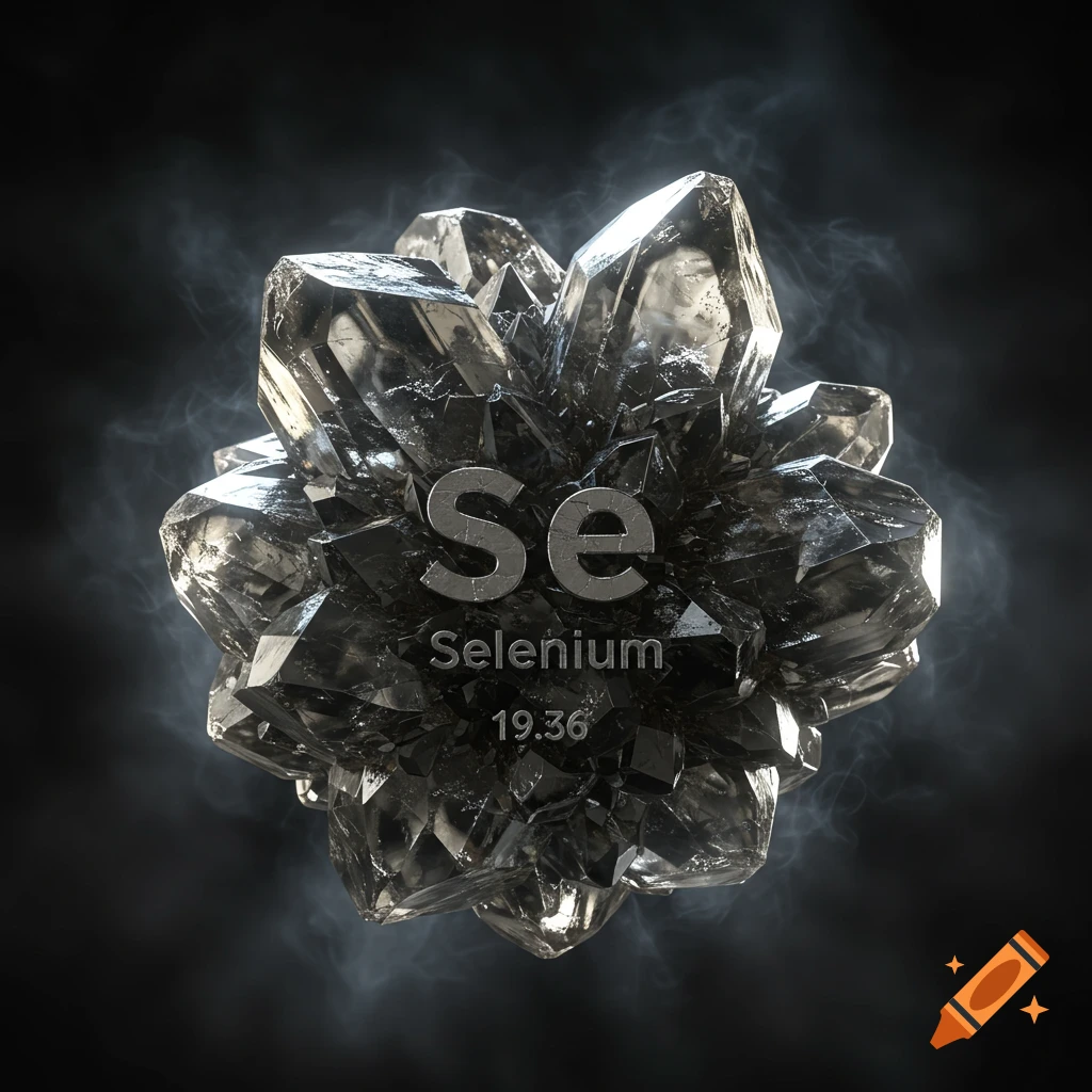 A dark, crystalline cluster representing the element Selenium, labeled with 'Se', 'Selenium', and '19.36', against a smoky black background.