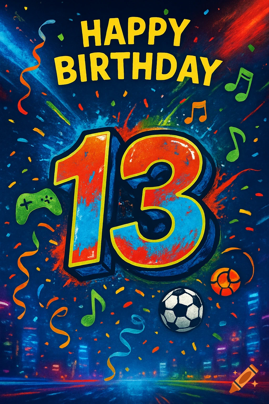 Vibrant birthday card with 'HAPPY BIRTHDAY 13' text, confetti, music notes, a game controller, and a soccer ball on a dark blue background.