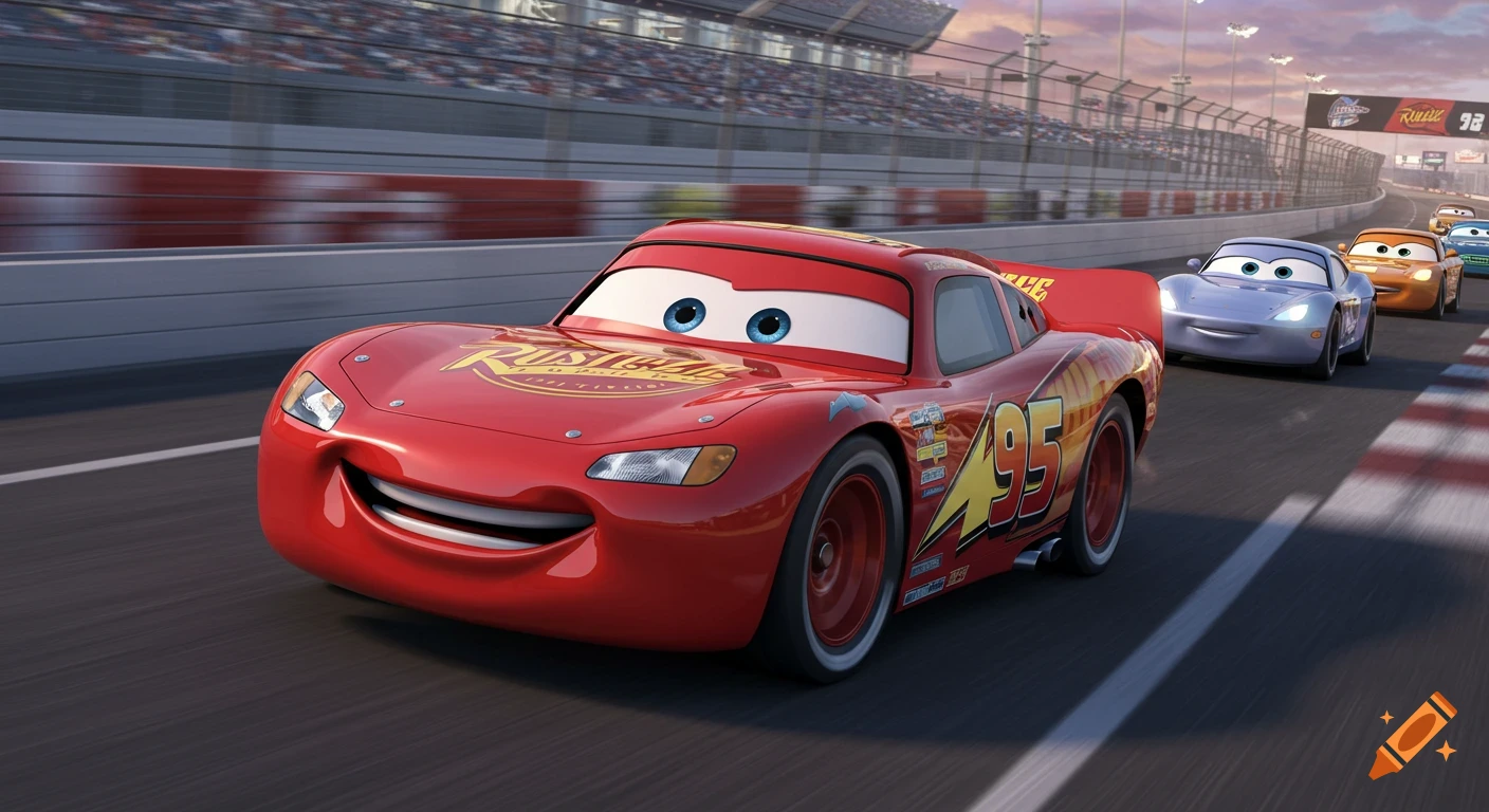Lightning McQueen races on a speedway with other Pixar Cars characters in a 3D animation.