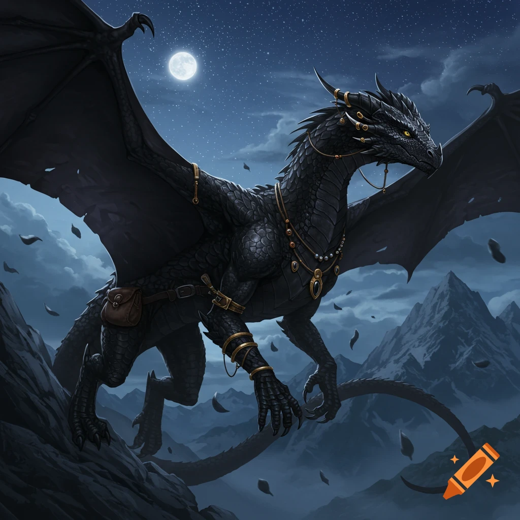 A large, lifelike black dragon adorned with gold jewelry and leather pouches perches on a rugged mountain at night under a full moon.