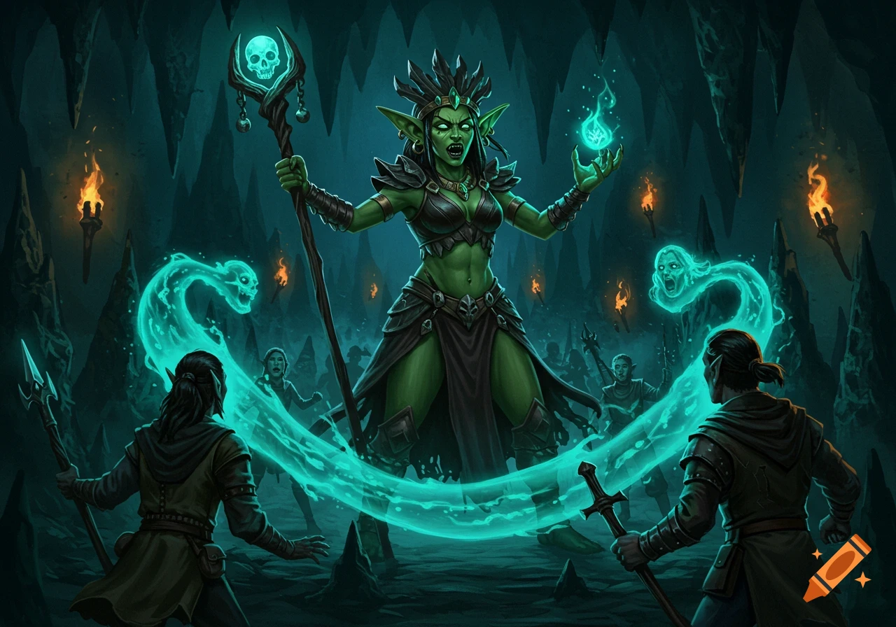 A green-skinned goblin sorceress casts glowing green magic in a dark cave, confronted by adventurers in a fantasy digital painting.