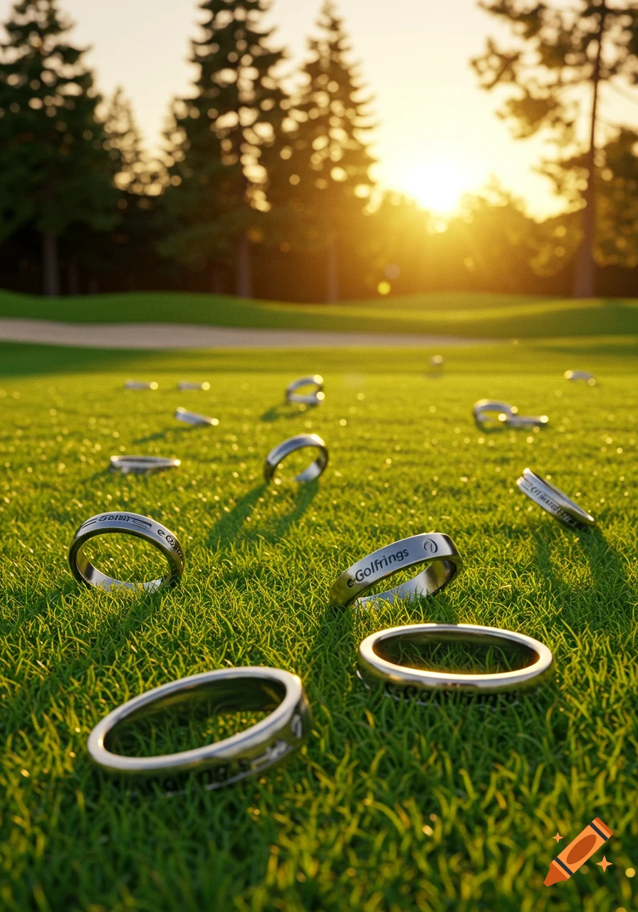 Close-up of silver e-Golfrings scattered on a green golf course, with trees and a bright sunset in the background.