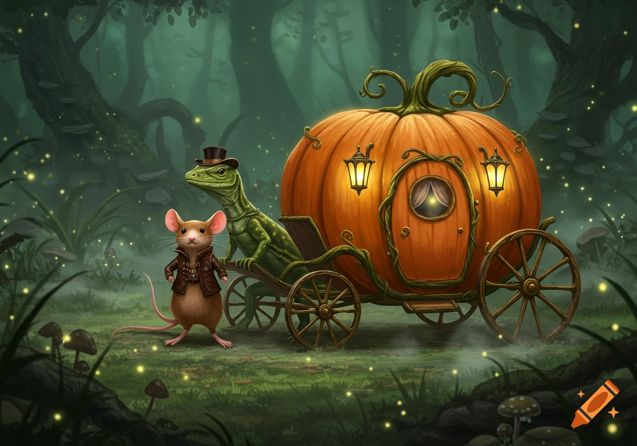 A mouse in a leather jacket stands next to a pumpkin carriage pulled by a lizard in a top hat in a mystical forest.