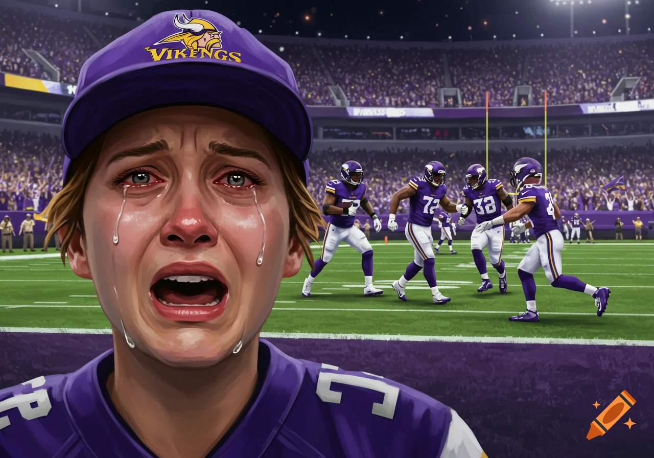A distraught football fan in a purple Minnesota Vikings cap and jersey cries while looking at players on the field during a night game.