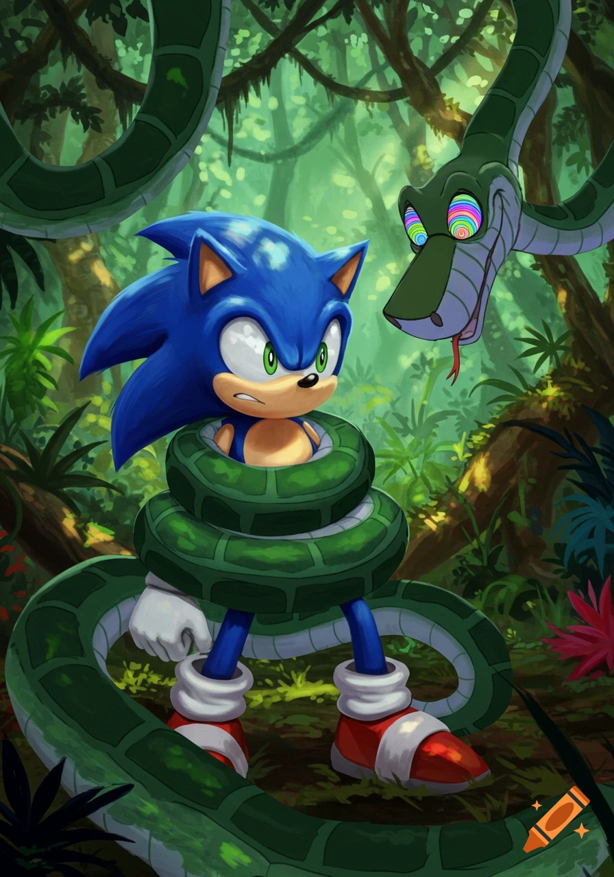 Sonic the Hedgehog, looking distressed, is coiled tightly by Kaa the snake in a vibrant jungle setting.