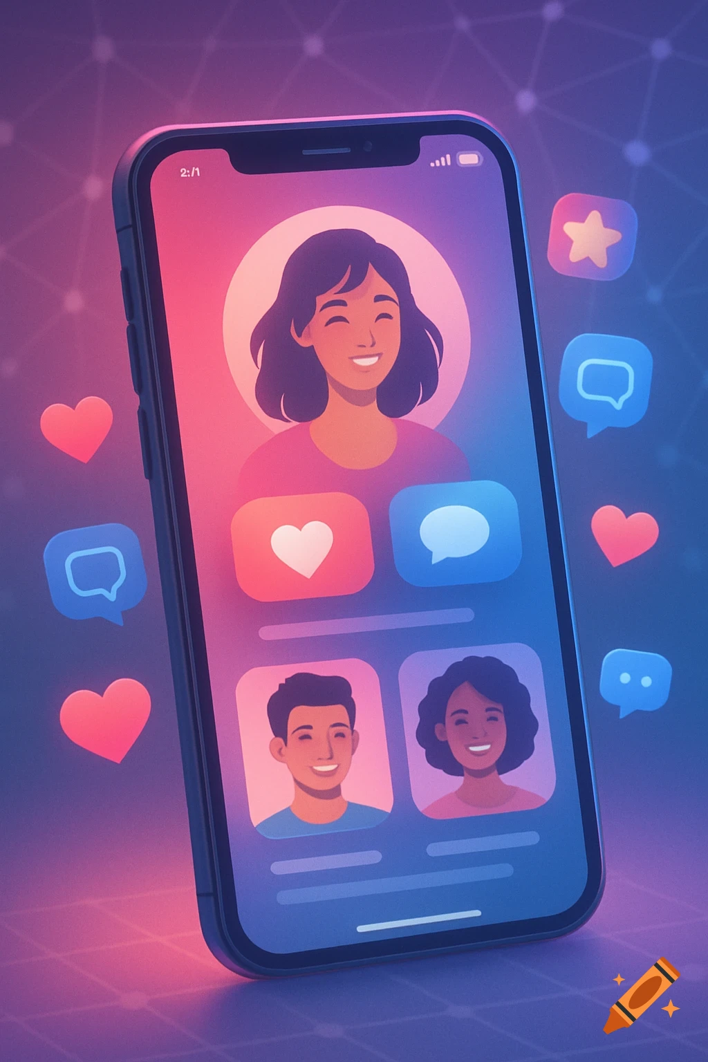 Stylized illustration of a smartphone displaying a social media app with smiling user profiles, hearts, and chat bubbles.