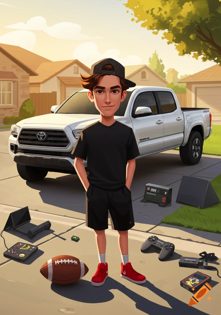 A cartoon boy with a backwards hat stands in front of a white Toyota Tacoma, surrounded by a football and various video game accessories. The scene is set in a suburban neighborhood during sunset.