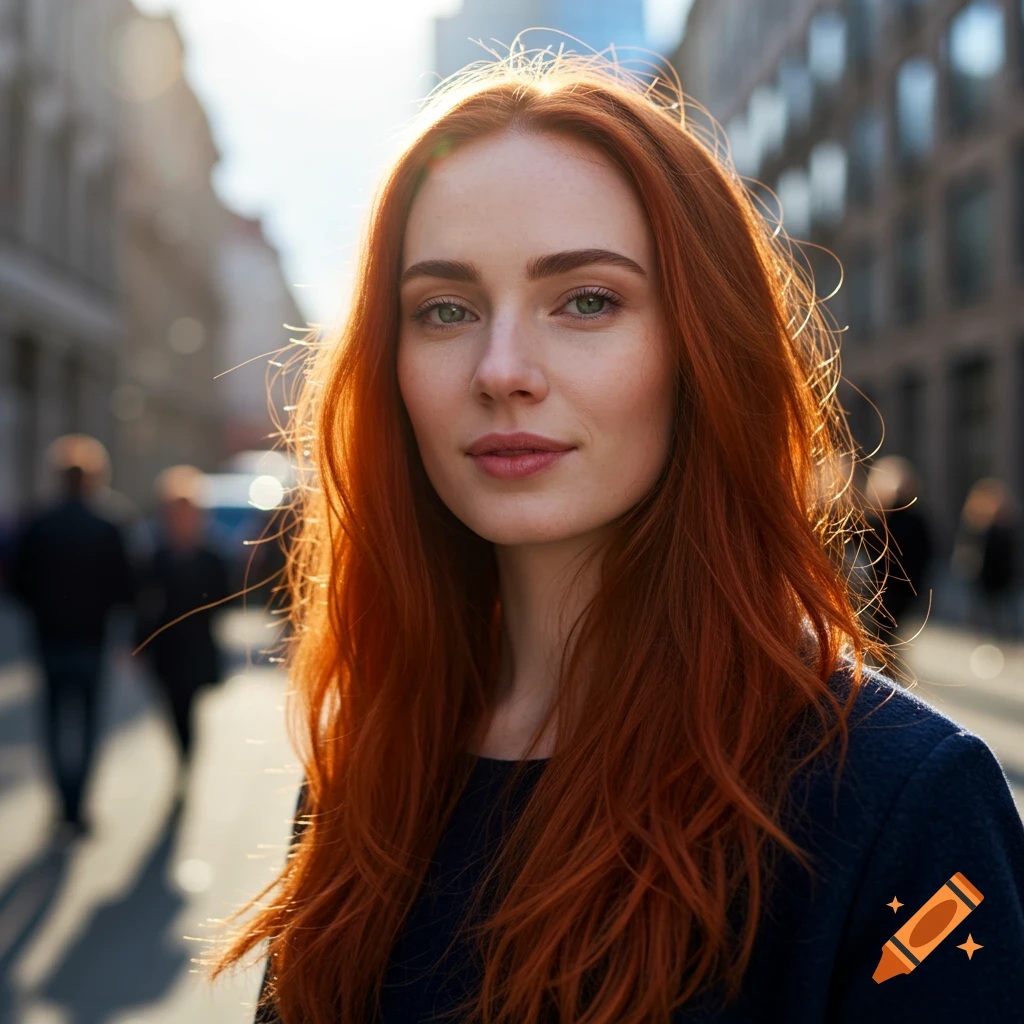 A photorealistic portrait of a young woman with long red hair, looking directly at the viewer, standing on a sunny city street.