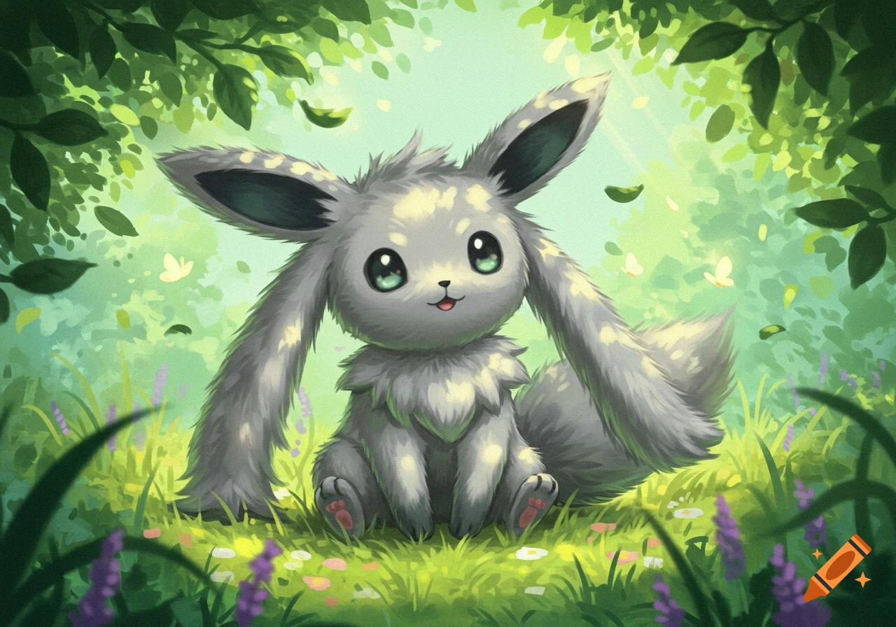 A fluffy, gray, Eevee-like creature with large ears and bright green eyes sits in a vibrant, green forest clearing with purple flowers.