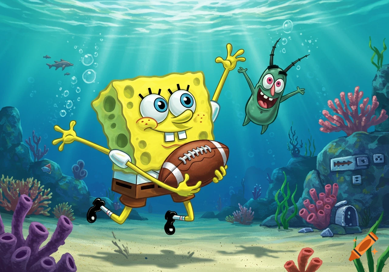Spongebob SquarePants runs with a football underwater while Plankton floats excitedly beside him in a vibrant cartoon style.