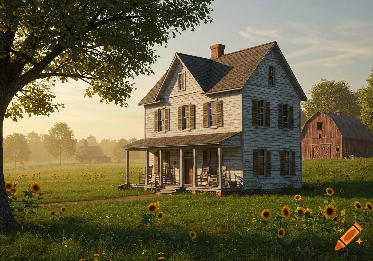 Photorealistic image of a white farmhouse and a red barn in a sunny field of sunflowers, with a large tree on the left.