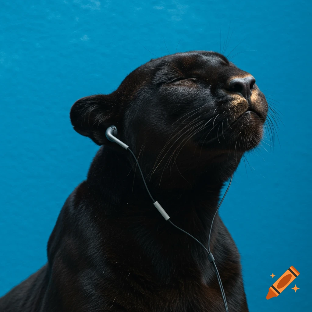 A photorealistic black panther with closed eyes, head tilted up, wearing earbuds against a vivid blue background, basking in sunlight.
