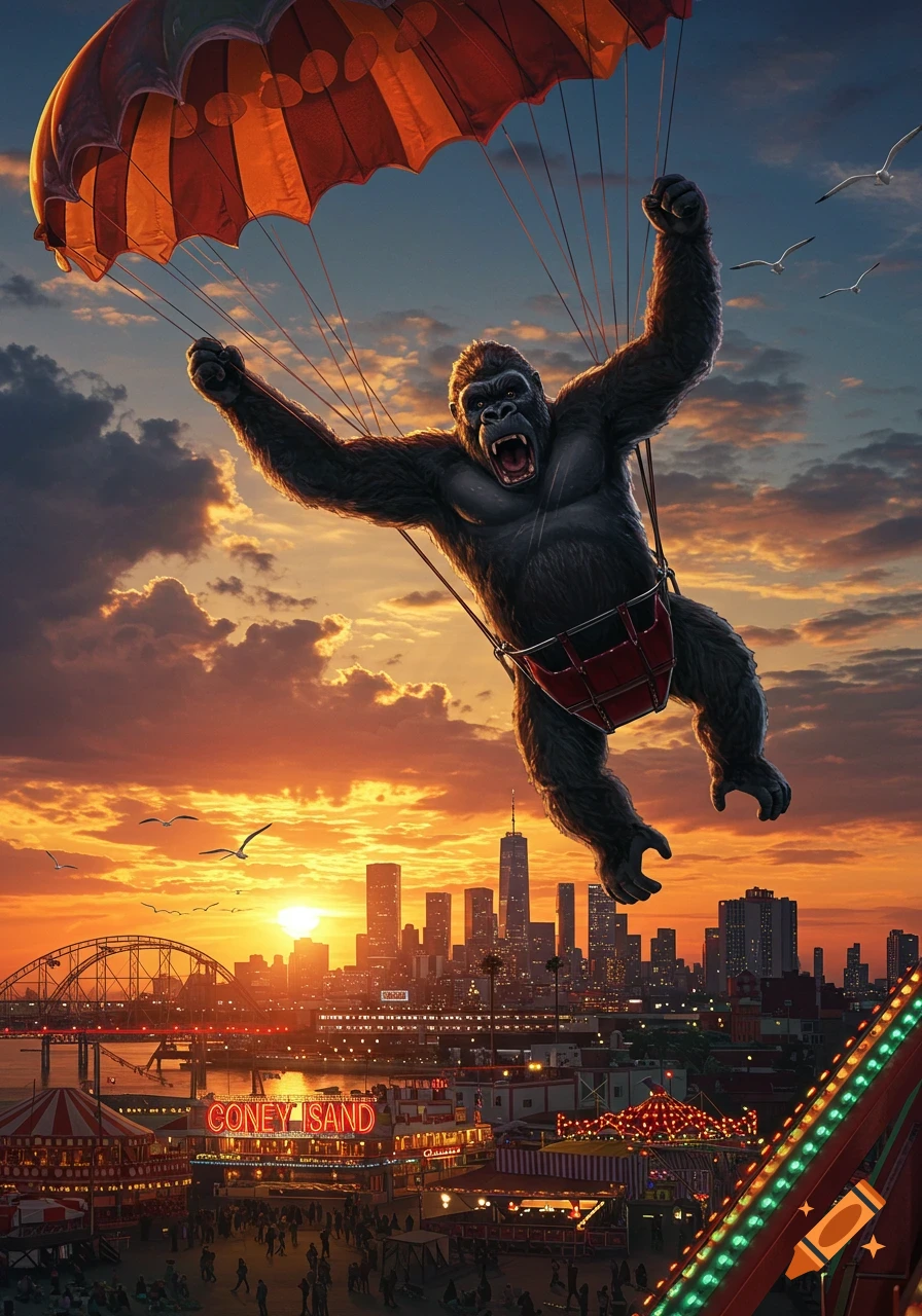 King Kong, suspended by a large orange parachute, flies over the Coney Island amusement park and skyline at sunset.