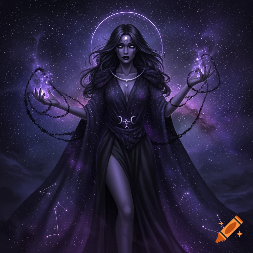 A dark goddess with purple skin and black hair stands against a starry nebula, holding glowing purple energy and chains.