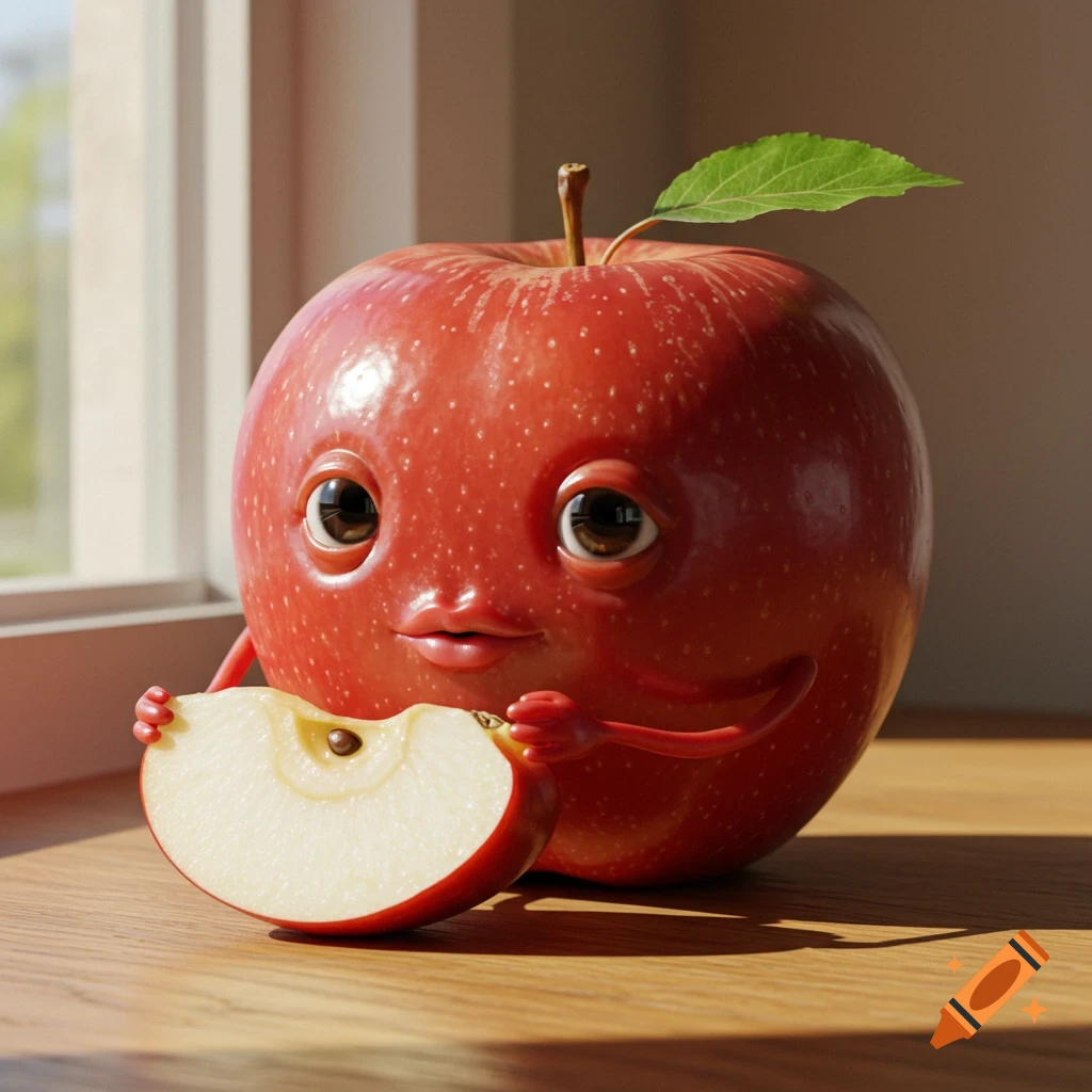 A photorealistic 3D render of a cute red apple character with large beady eyes and puckered lips, holding a white apple slice with tiny hands on a wooden surface near a sunlit window.
