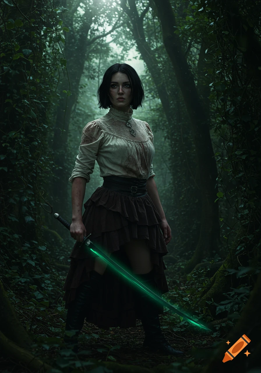 A young woman with short dark hair in a dark forest, holding a glowing green sword, in a dark fantasy digital painting style.