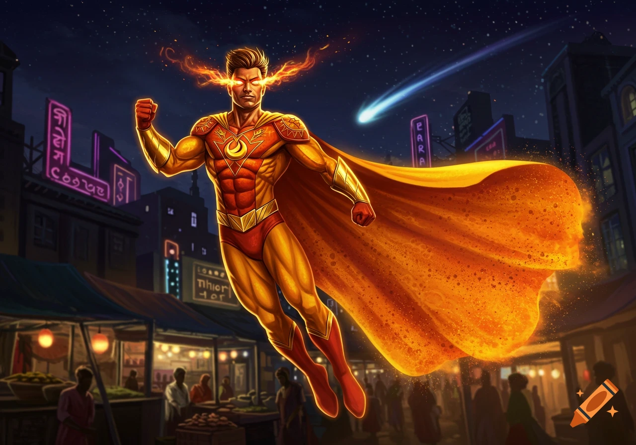 A male superhero with glowing eyes and a fiery cape flies above a bustling night market under a starry sky, in a vibrant comic art style.