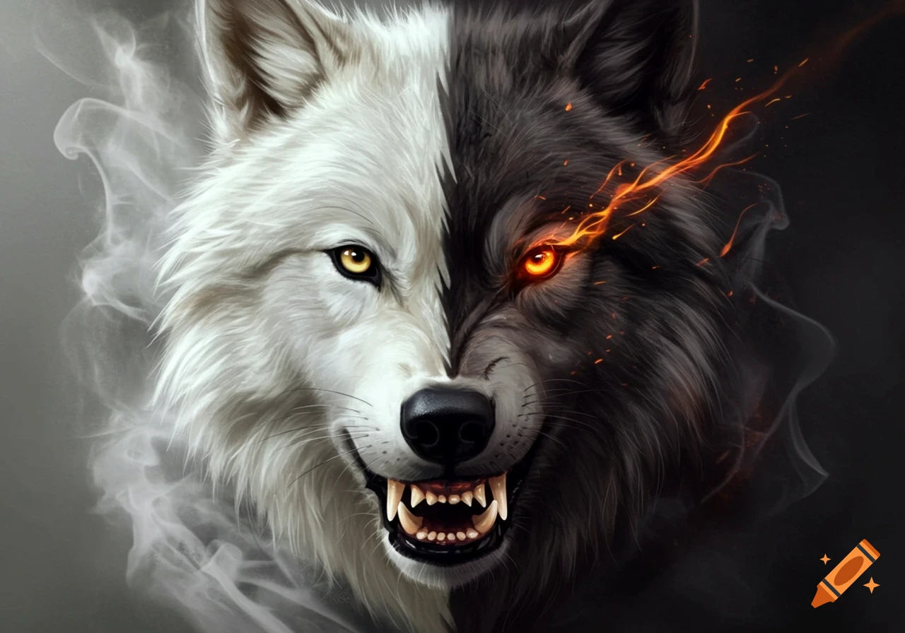 A white and black wolf head split down the middle, with a yellow eye on the white side and a fiery orange eye on the black side, surrounded by smoke.