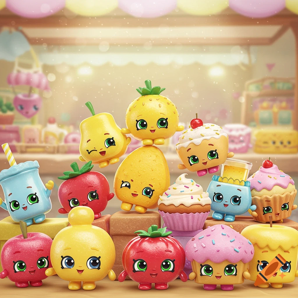 A group of colorful, cute Shopkins toys depicting fruits and desserts, set against a blurred background of a sweet shop.