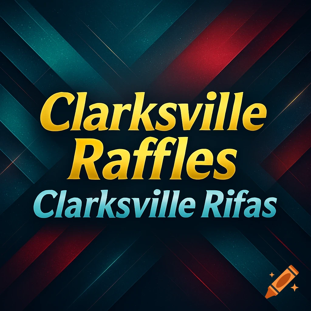 Clarksville Raffles logo in gold and Clarksville Rifas in blue, on a dark background with teal and red geometric lines.
