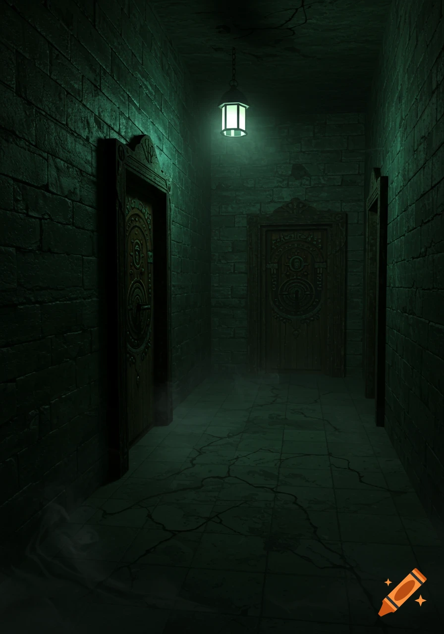 A dark, spooky stone corridor with ornate wooden doors and a single glowing lantern hanging from the ceiling, with mist on the floor.