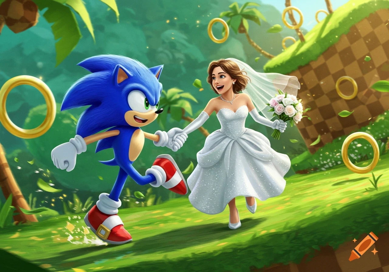 Cartoon Sonic the Hedgehog holding hands with a bride in a white dress, running through a vibrant, ring-filled Green Hill Zone.