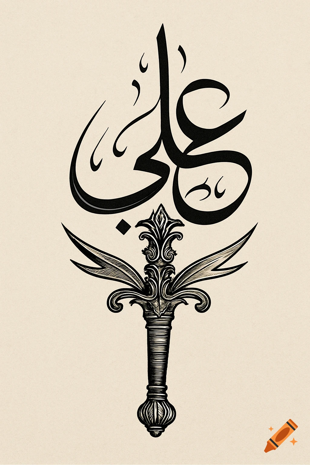 Black Arabic calligraphy for 'Ali' above an ornate, detailed sword hilt on a light background.