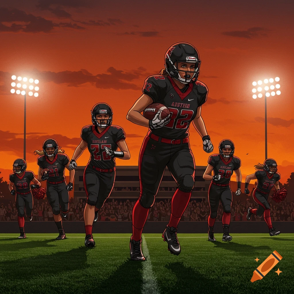 Illustrated female football team in black and red uniforms running on a field at sunset under stadium lights.