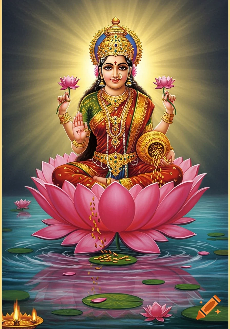 Lakshmi, a beautiful Hindu goddess, sits on a large pink lotus flower in water, holding lotuses and a pot spilling gold coins, with a golden aura.