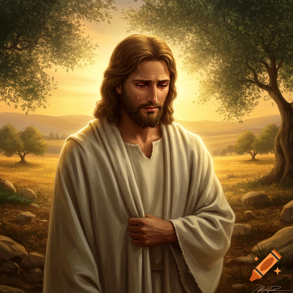 Illustration of Jesus with tears streaming down his face, standing in a golden field at sunset.