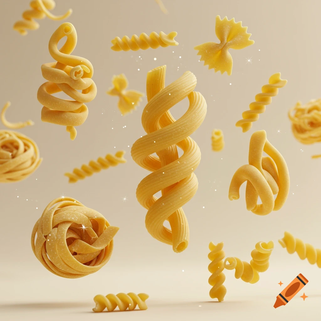 Raw pasta shapes like fusilli, farfalle, and tagliatelle nests float in an abstract arrangement with subtle sparkles.