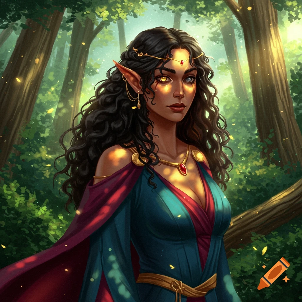 A beautiful fantasy portrait of an elf woman with dark curly hair, one gold and one grey eye, wearing a blue and red dress with gold jewelry, in a sunlit forest.