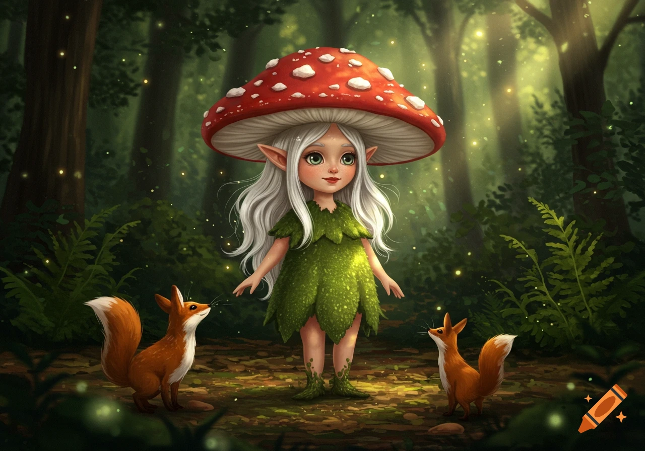 A cute fairy with a red mushroom hat and leaf dress stands in a magical forest with two foxes.