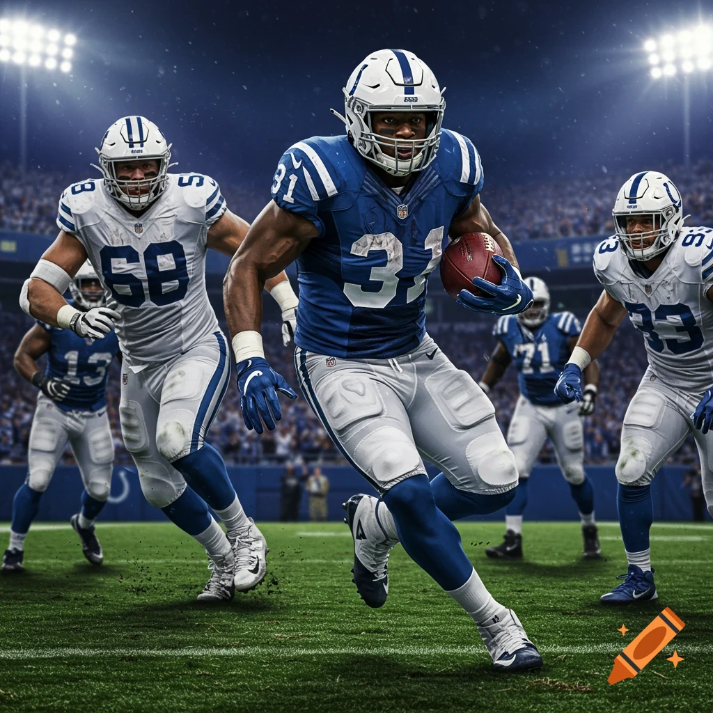 Photorealistic image of an Indianapolis Colts football player running with the ball, other players in pursuit on a field at a night game.
