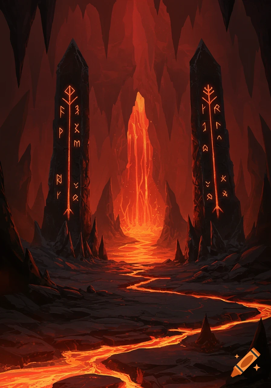A dark, ominous underworld cave scene with glowing orange lava rivers flowing towards a bright, fiery opening. Two large, dark obelisks with glowing runic symbols stand prominently on either side of the lava path.