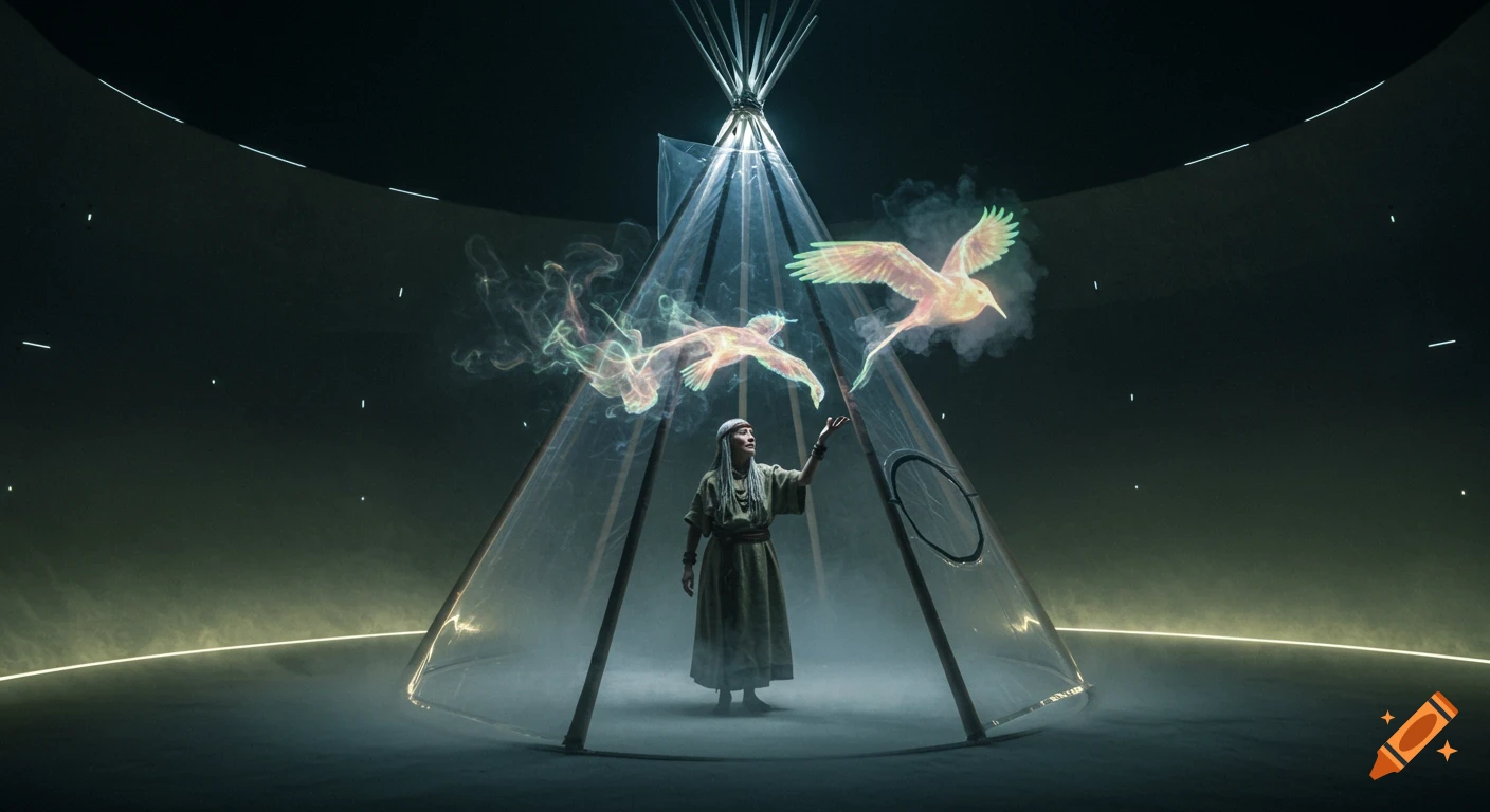 An ethereal woman in a translucent teepee conjures glowing, smoke-like birds in a dark, futuristic room with neon accents.