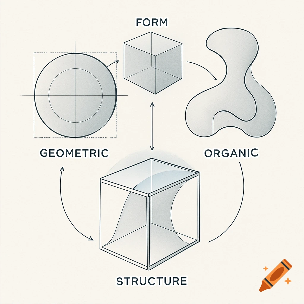 A conceptual diagram showing the interrelationship between geometric, organic, and structural forms, with arrows and labels.