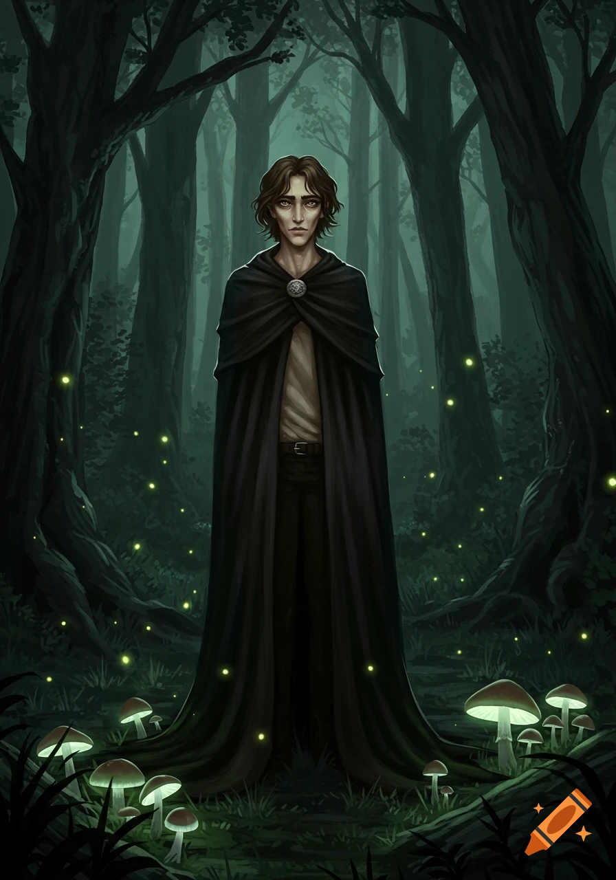 A tall man with floppy brown hair and a thin face, cloaked in black, stands in a dark fantasy forest with glowing mushrooms.