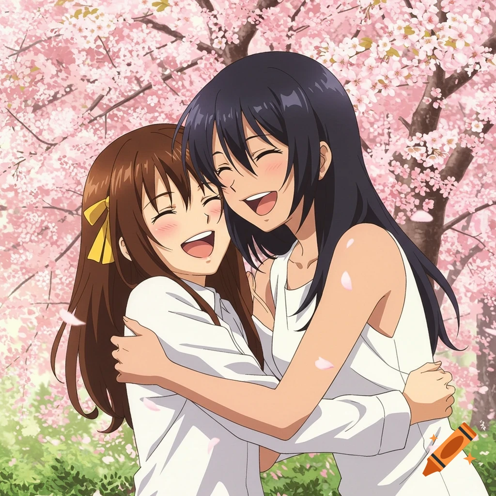 Haruhi Suzumiya and Nagatoro, two anime girls, hug and laugh boisterously under a cherry blossom tree.