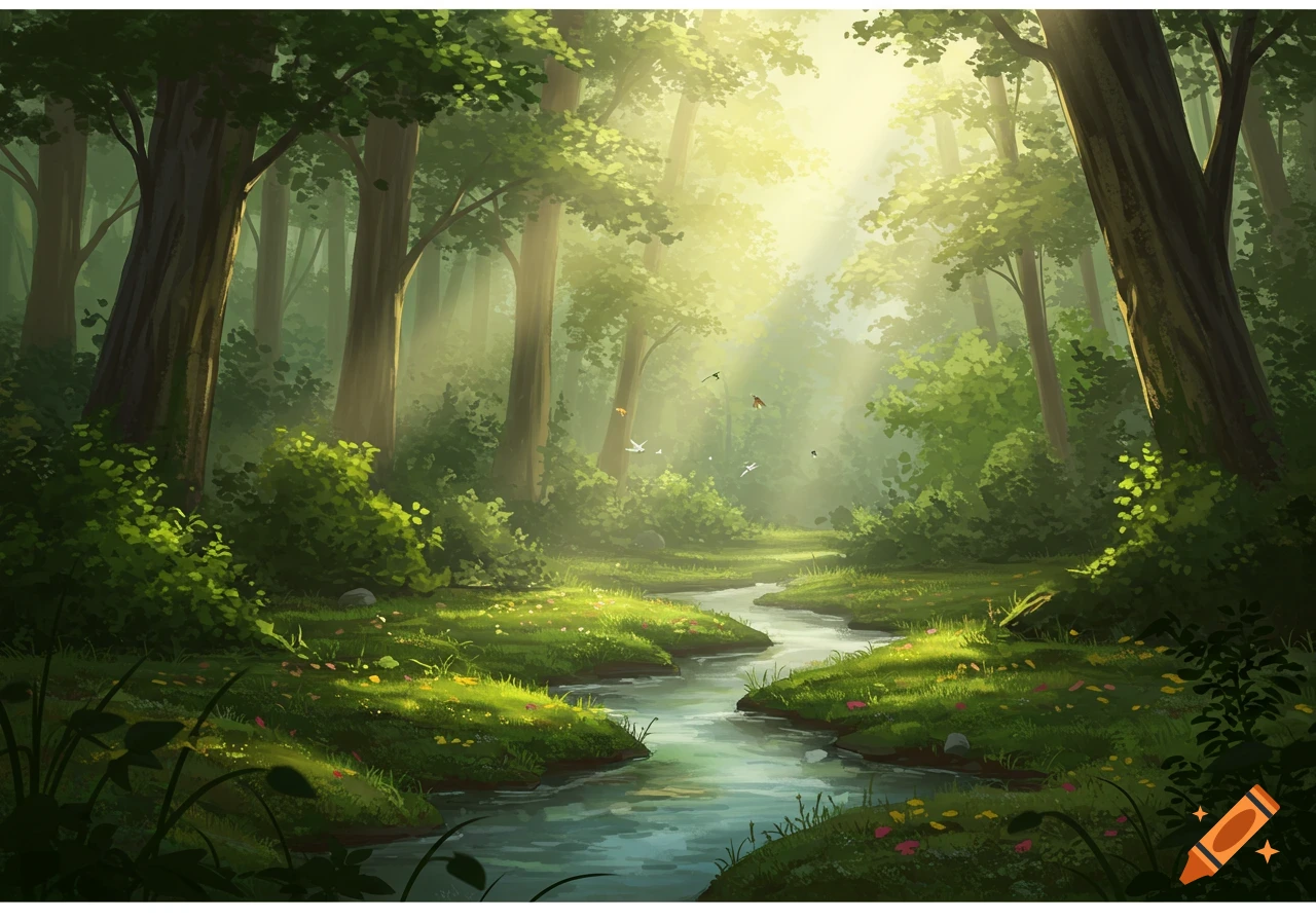 An illustrated, sunlit forest with tall trees, a winding stream, green grass, and small birds flying.