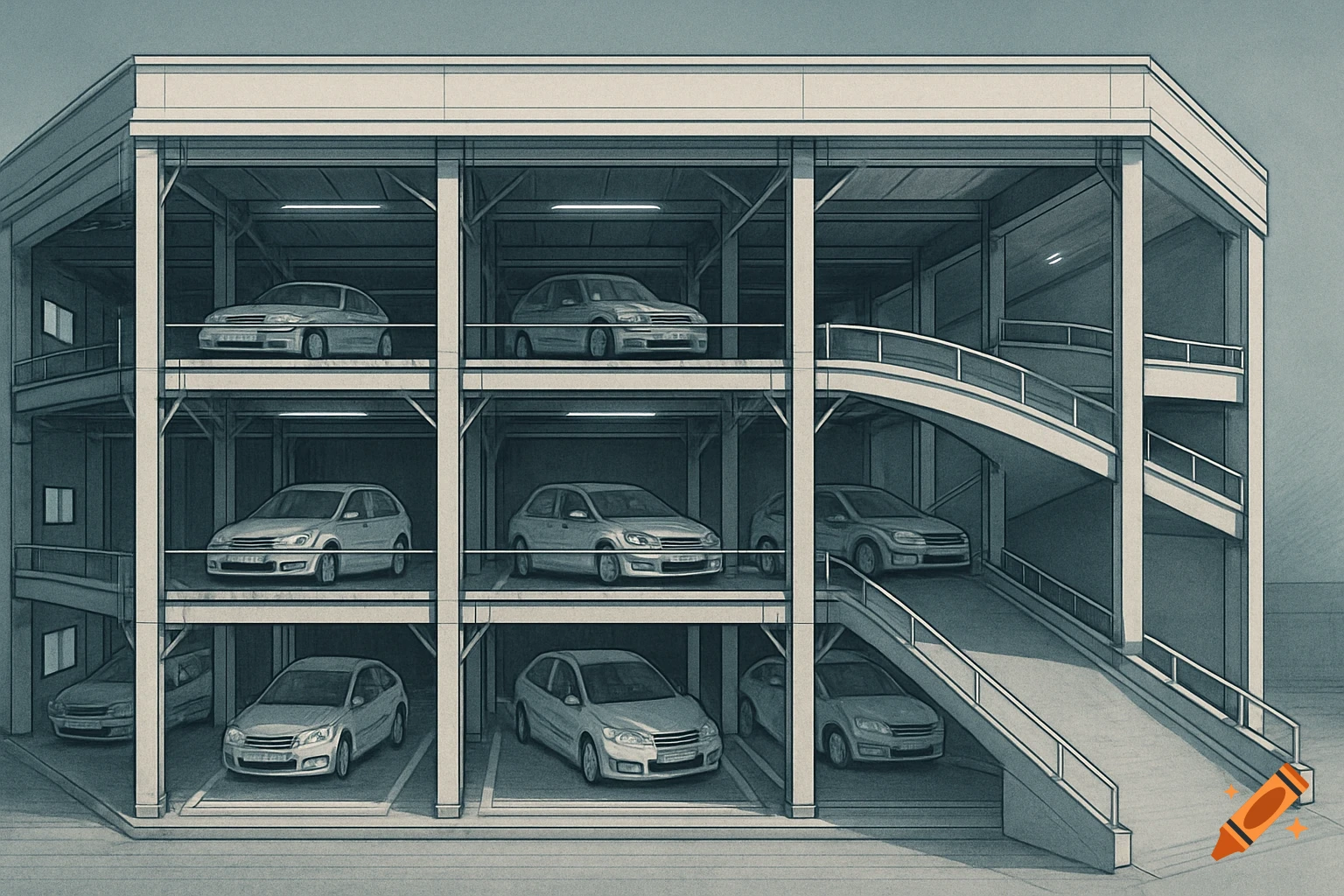 A detailed architectural sketch of a multi-story parking garage with cars on various levels and connecting ramps.