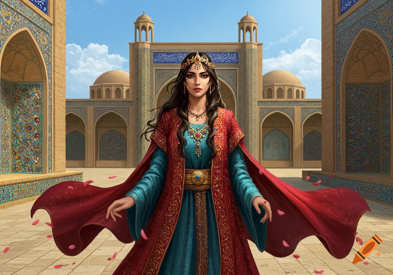 An elegant woman in ornate red and teal Persian attire stands before a detailed ancient palace, with rose petals scattered.