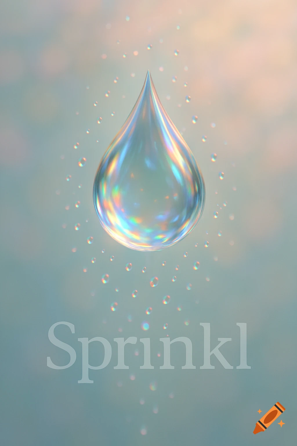 A glistening, iridescent water droplet with small sprinkles against a soft, blurred background, with the word 'Sprinkl' at the bottom.