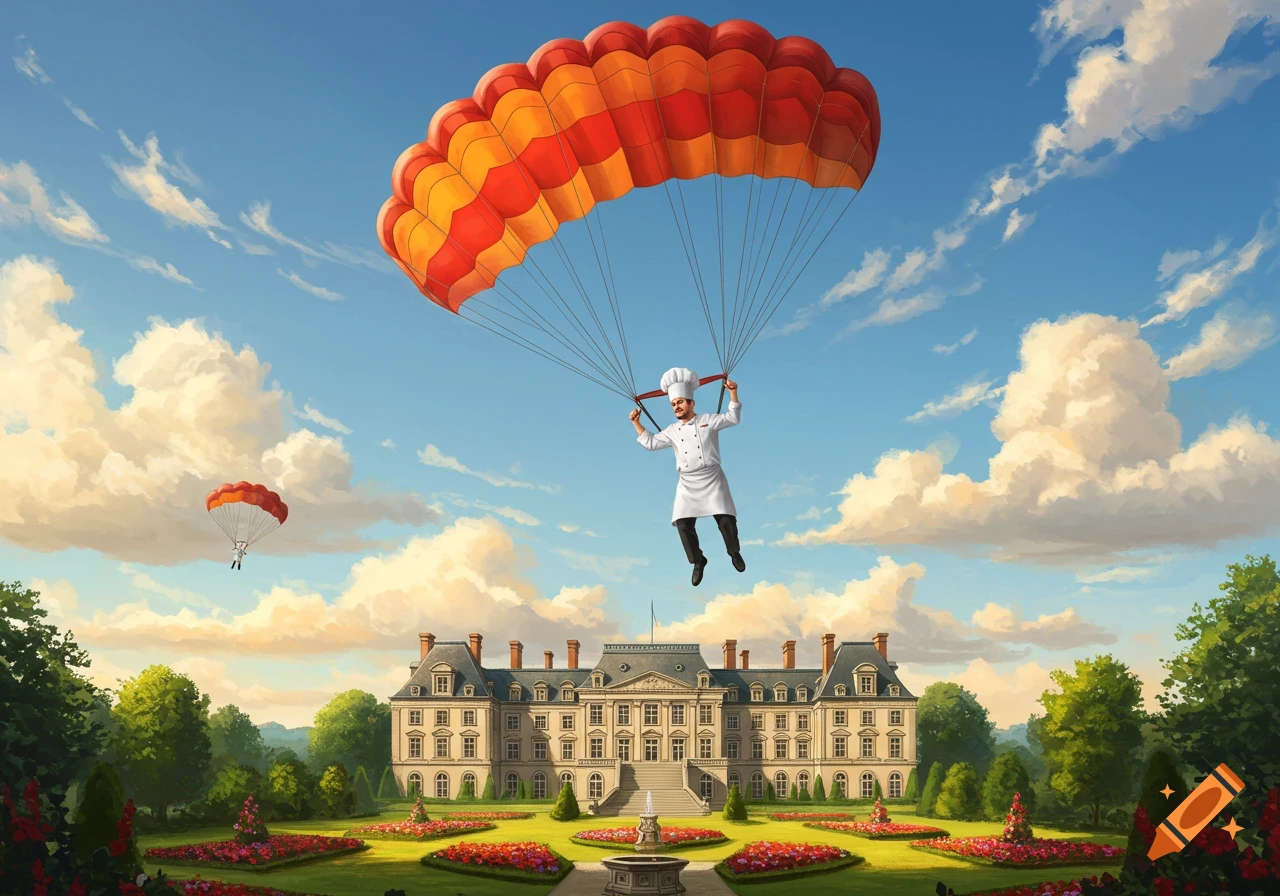 A chef in white uniform parachutes with a red and orange parachute over a grand mansion and manicured gardens.