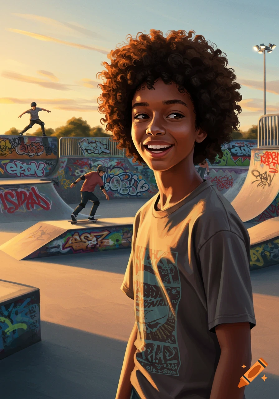 Smiling teenage boy with curly hair in a skatepark with graffiti, bathed in warm sunset light, with other skaters in the background.