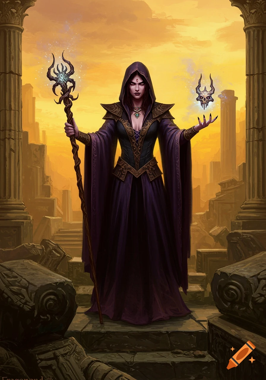 Sinister sorceress in purple robes holding a magical wand and a glowing skull in ancient ruins under a golden sky, oil painting.