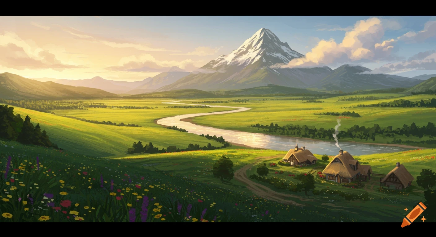 A picturesque fantasy landscape with a snow-capped mountain, winding river, green fields, and thatched-roof cottages at sunset.