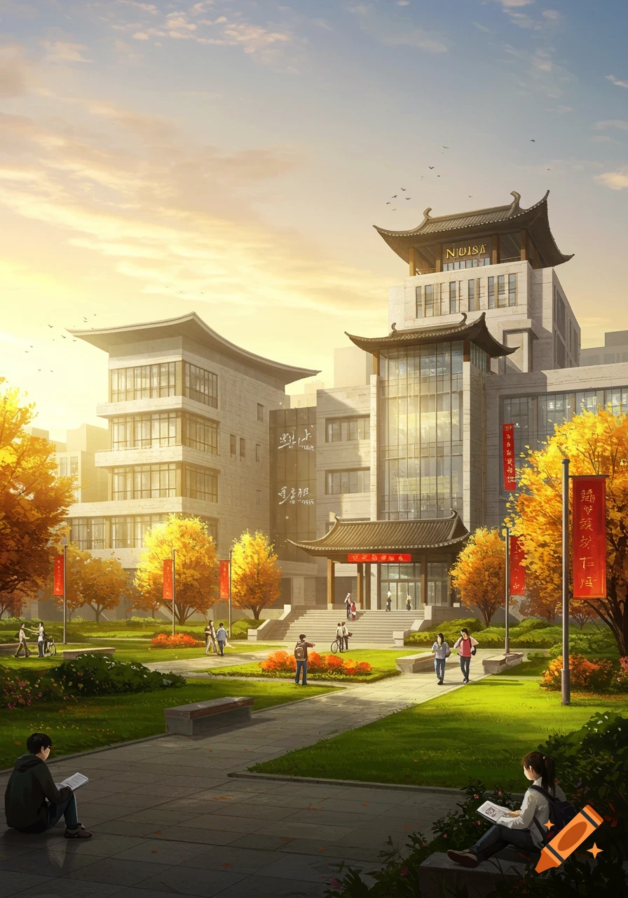 An anime-style illustration of a bustling university campus in autumn, with students walking between buildings featuring traditional Asian-inspired roofs, under a bright, warm sky.